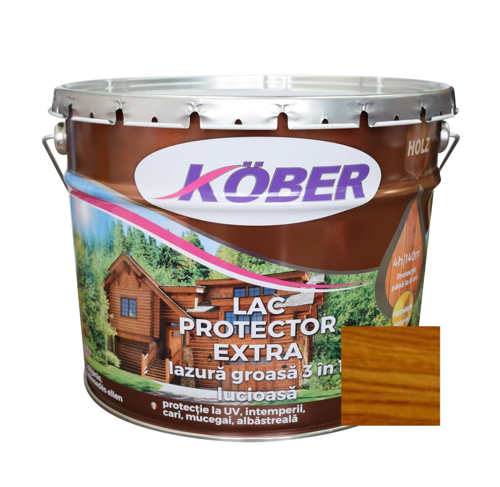 Lac/lazura groasa pentru lemn, Extra 3 in 1, nuc mediu, interior/exterior, 10l Kober