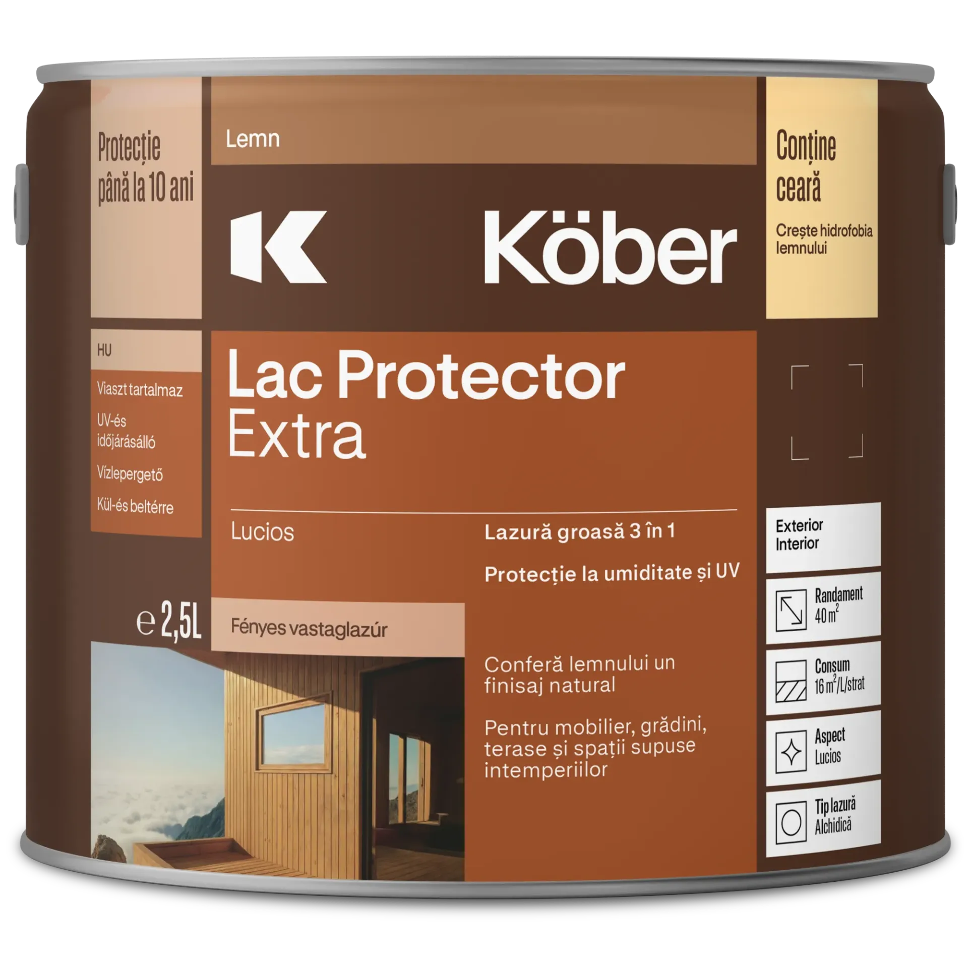 Lac protector extra 3in1, interior/exterior, stejar inchis, 2.5l Kober