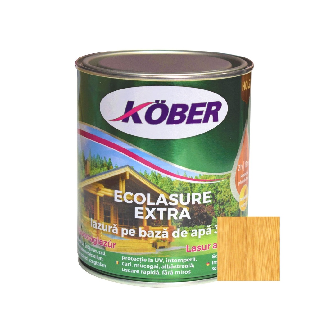 Ecolasure Extra, stejar deschis, pe baza de apa, interior / exterior, 0.75 L Kober