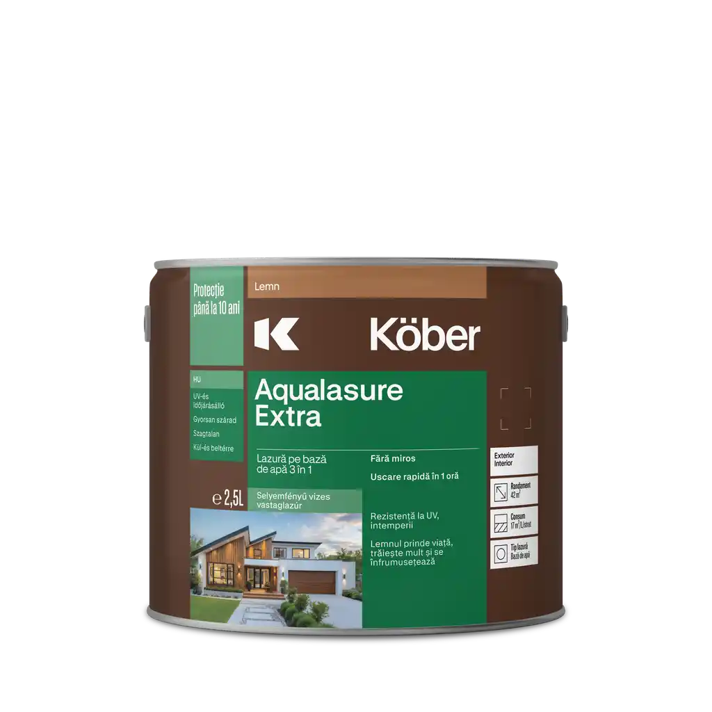 Lac extra 3in1, pe baza de apa, interior/exterior, Aqualasure 2.5l, nuc Kober