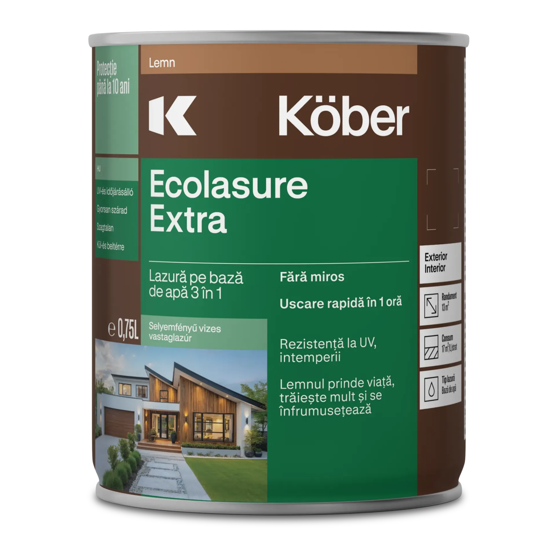 Lac 3in1 pentru lemn, Aqualasure Extra, pe baza de apa, interior/exterior, stejar inchis, 0,75l Kober