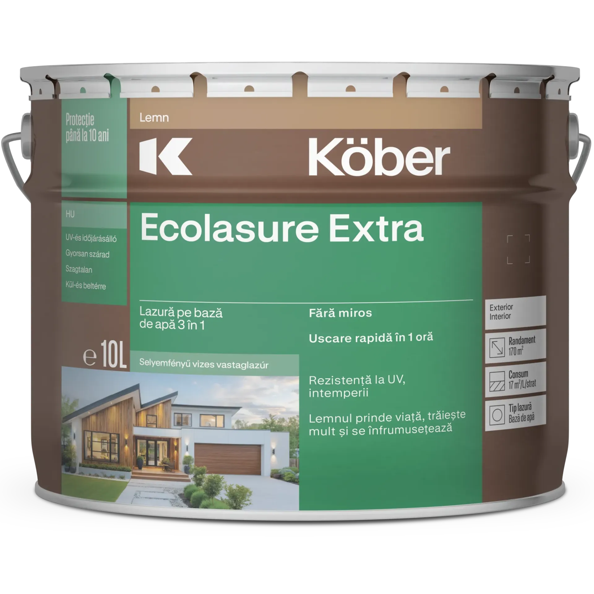 Lac 3in1 pentru lemn, Aqualasure Extra, pe baza de apa, interior/exterior, stejar inchis, 10l Kober