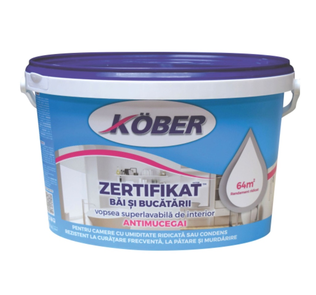 Vopsea lavabila interior, Zertifikat, antimucegai, baie si bucatarie, alba, 4l Kober