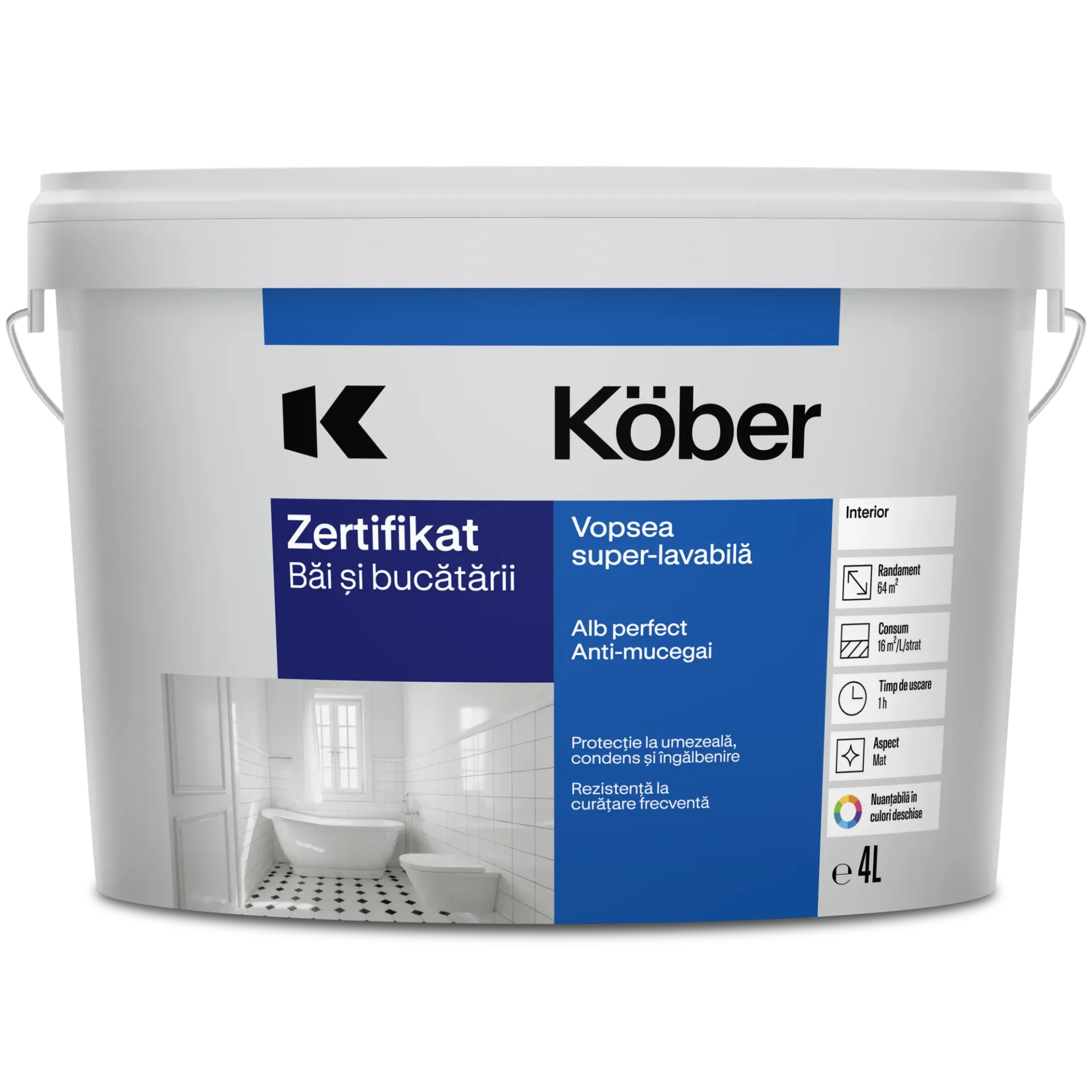 [v4110b-p4l] Vopsea lavabila interior, Zertifikat, antimucegai, baie si bucatarie, alba, 4l Kober