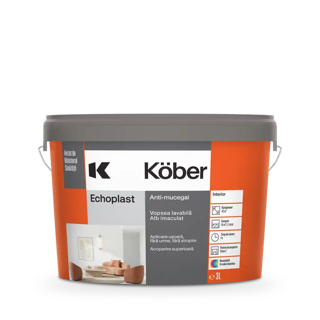 Vopsea lavabila interior, Ecoplast, antimucegai, alba, 3l Kober