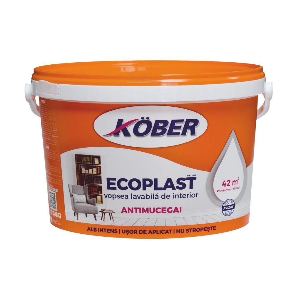 Vopsea lavabila interior, Ecoplast, antimucegai, alba, 8.5 L