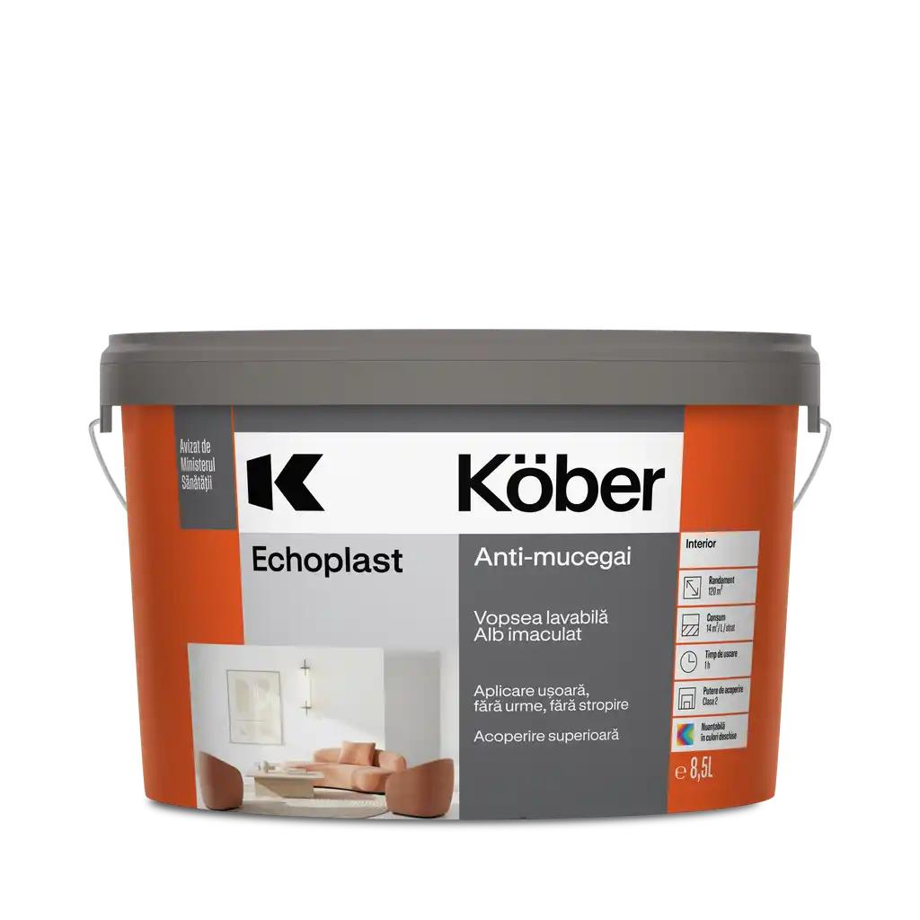 Vopsea lavabila interior, Ecoplast, antimucegai, alba, 8.5l Kober