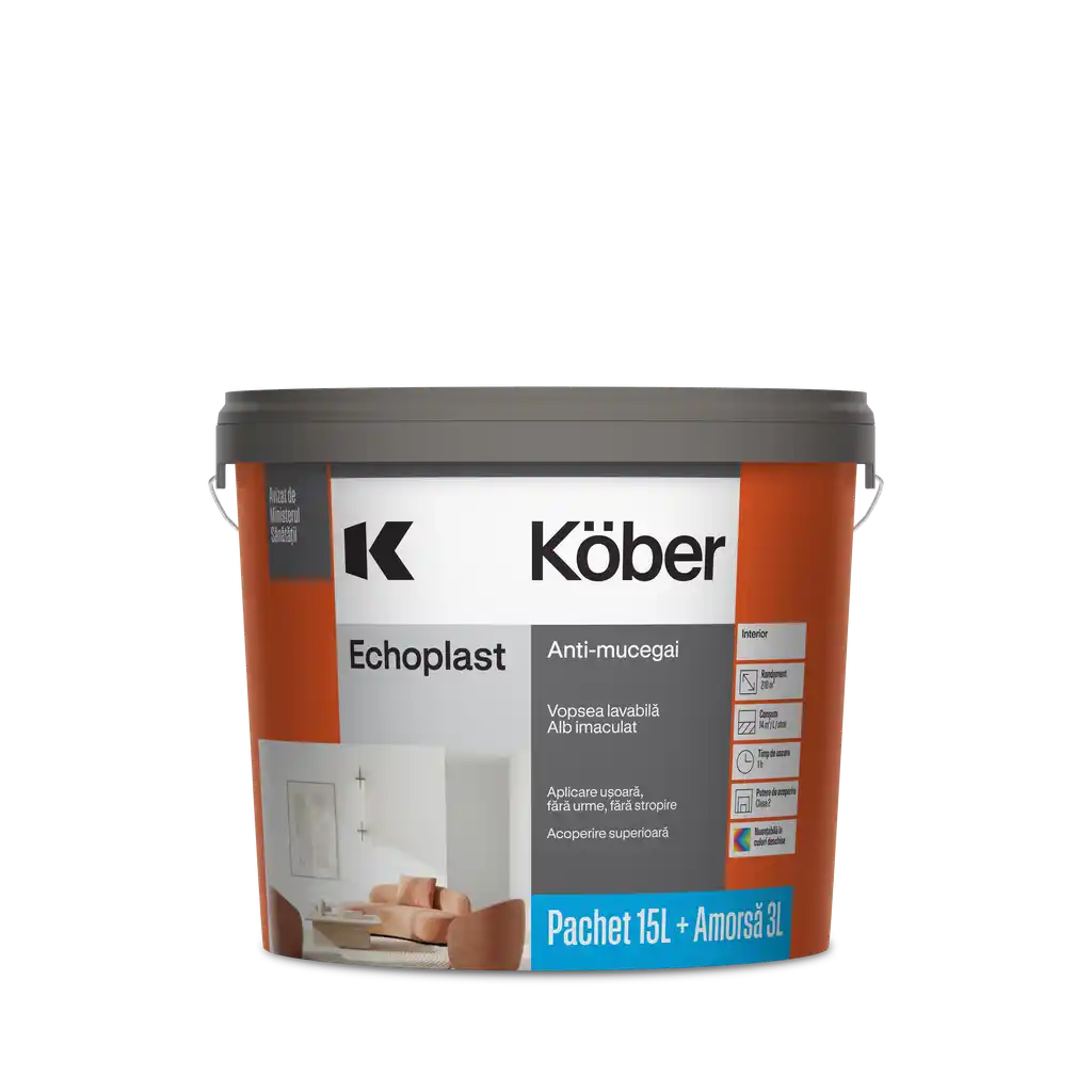 Vopsea lavabila interior, Ecoplast, antimucegai, alba, 15l + amorsa 3l Kober