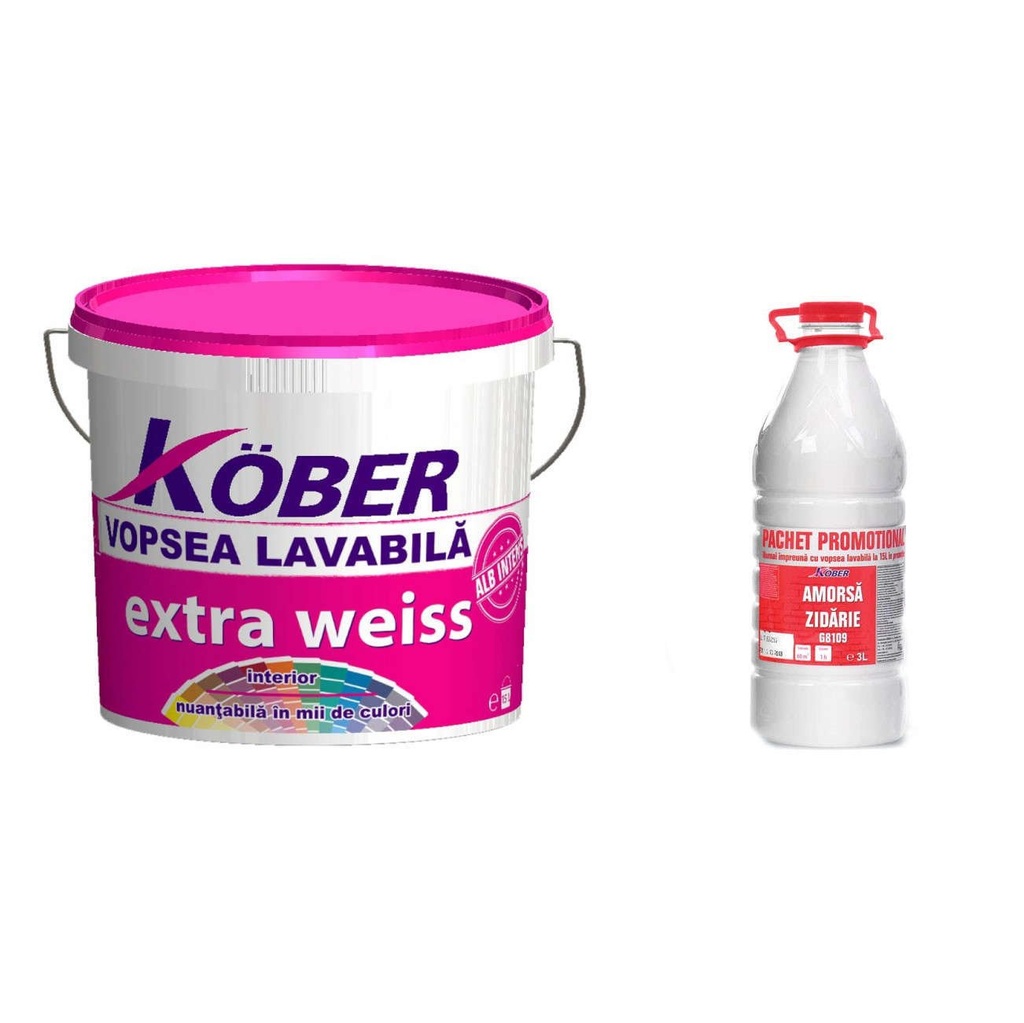 Vopsea lavabila interior, Extra Weiss, 15 litri+amorsa G8109 3l Kober