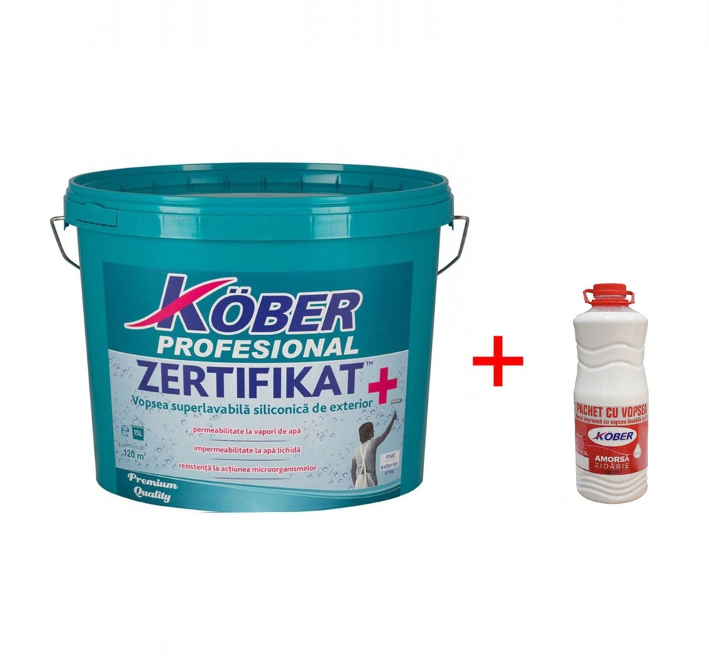 Vopsea superlavabila siliconica de exterior, Zertifikat, alba, 15 L + amorsa zidarie 3l Kober