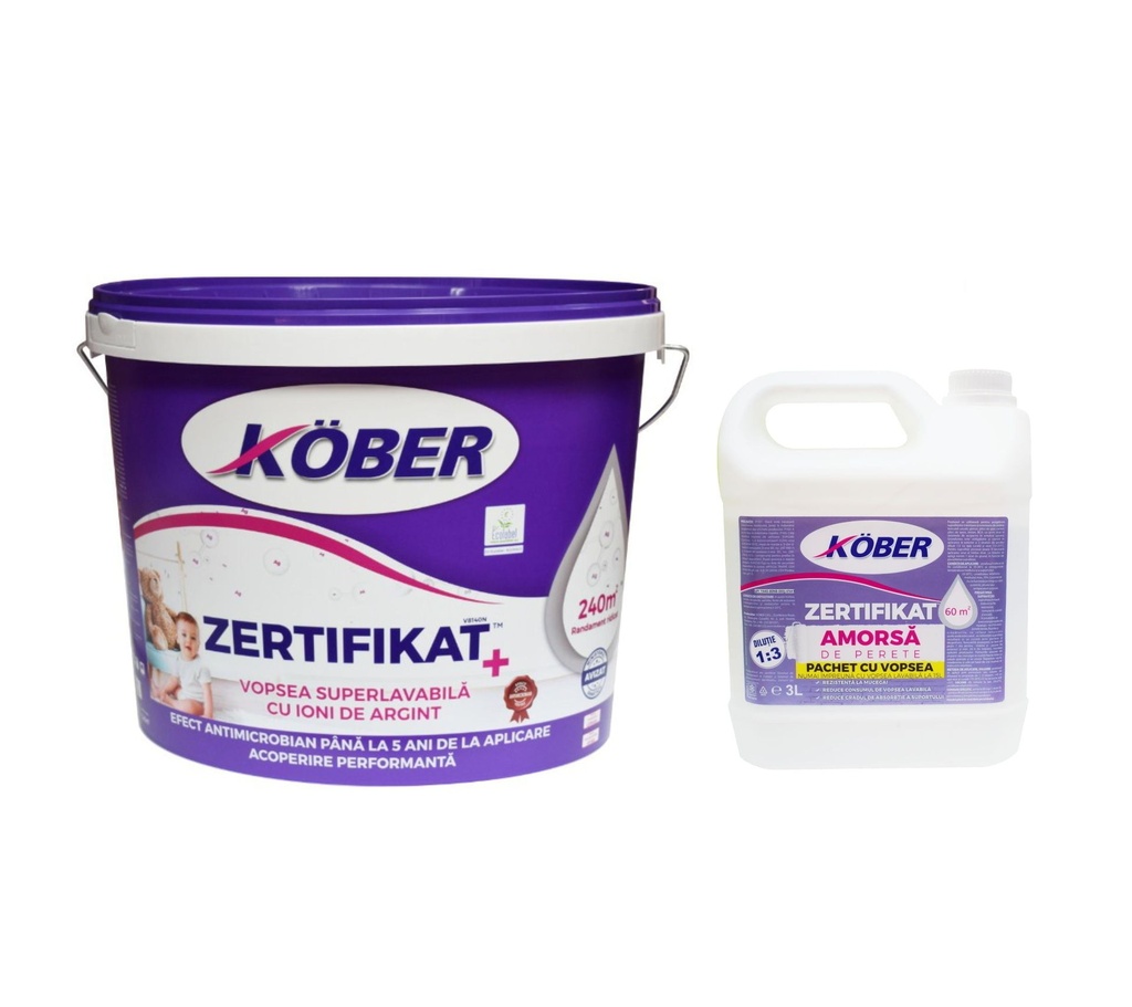 Vopsea lavabila interior, Kober Zertifikat Plus, alba, 15 L + amorsa 3 L