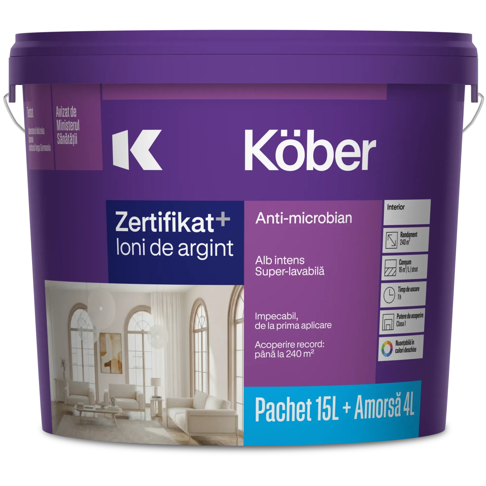[v8140nap-p15l] Vopsea lavabila interior, Zertifikat Plus, alba, 15l + amorsa 4l Kober