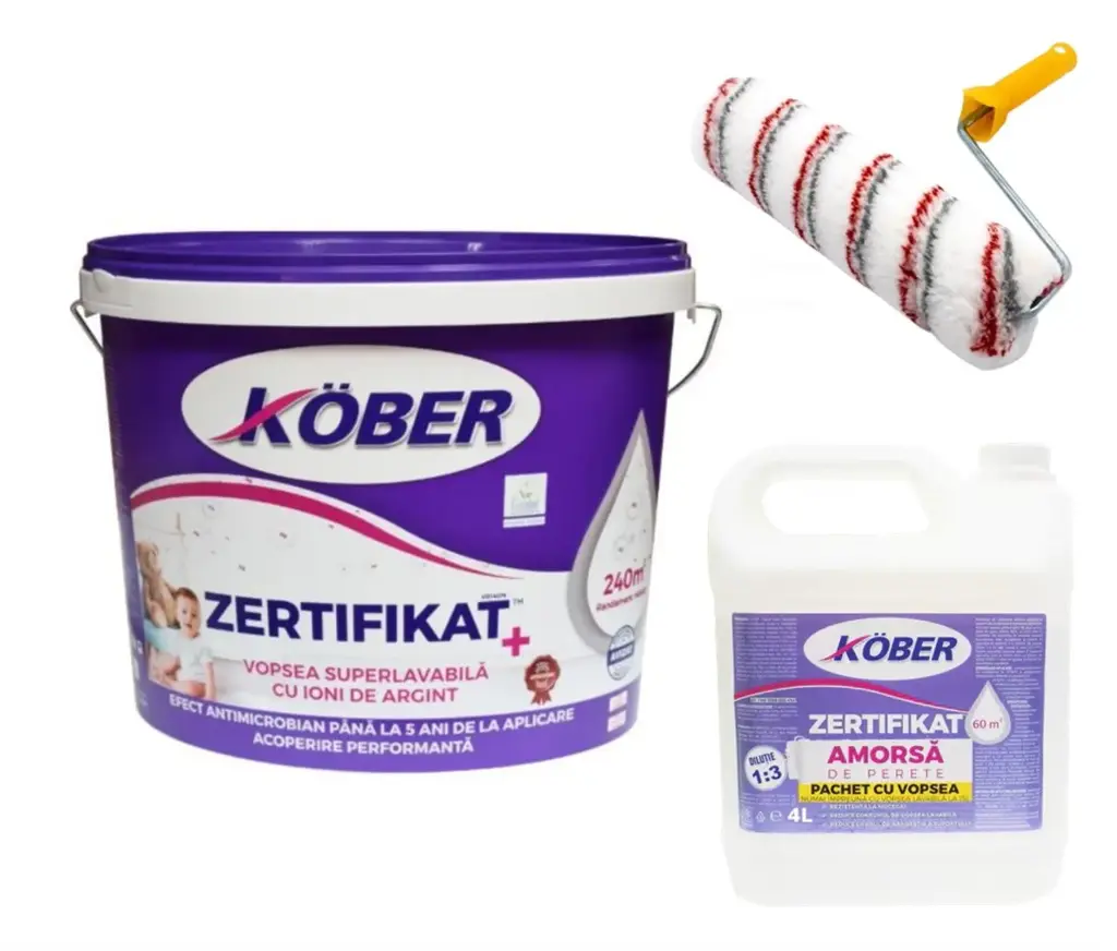 Vopsea lavabila interior, Zertifikat Plus, alba, 15l + amorsa 4l Kober