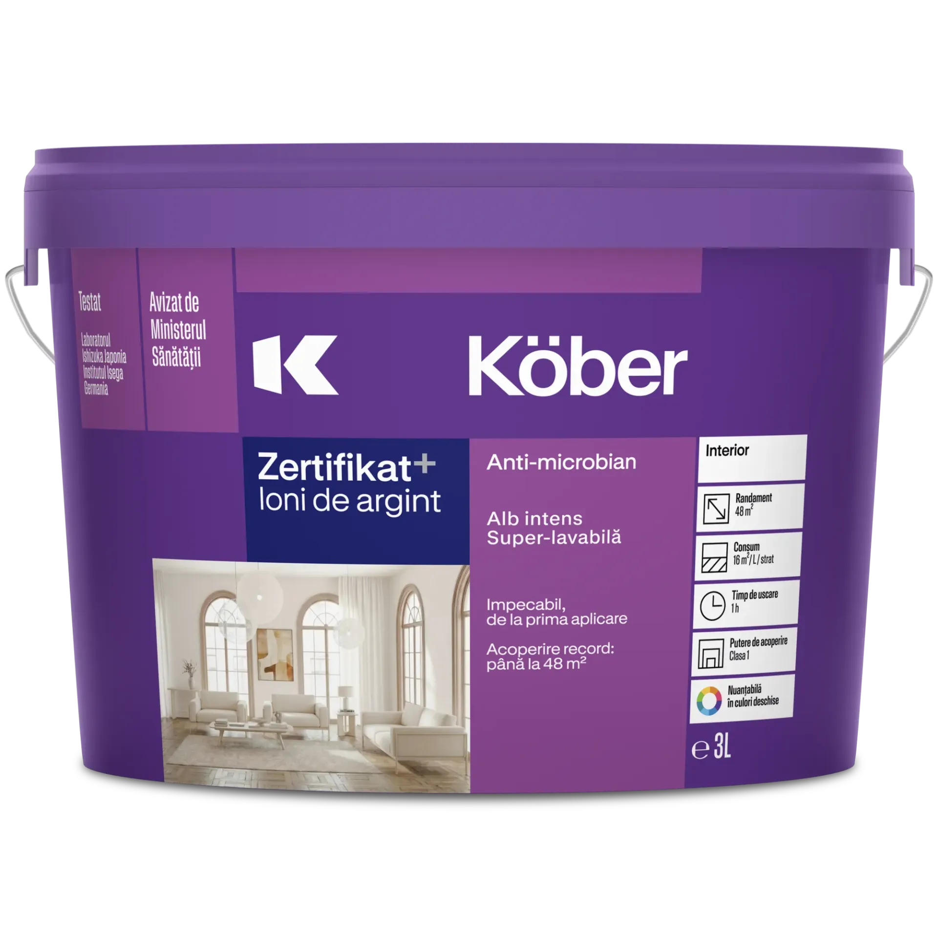 [v8140n-p3l] Vopsea lavabila interior, Zertifikat Plus, alba, 3l Kober
