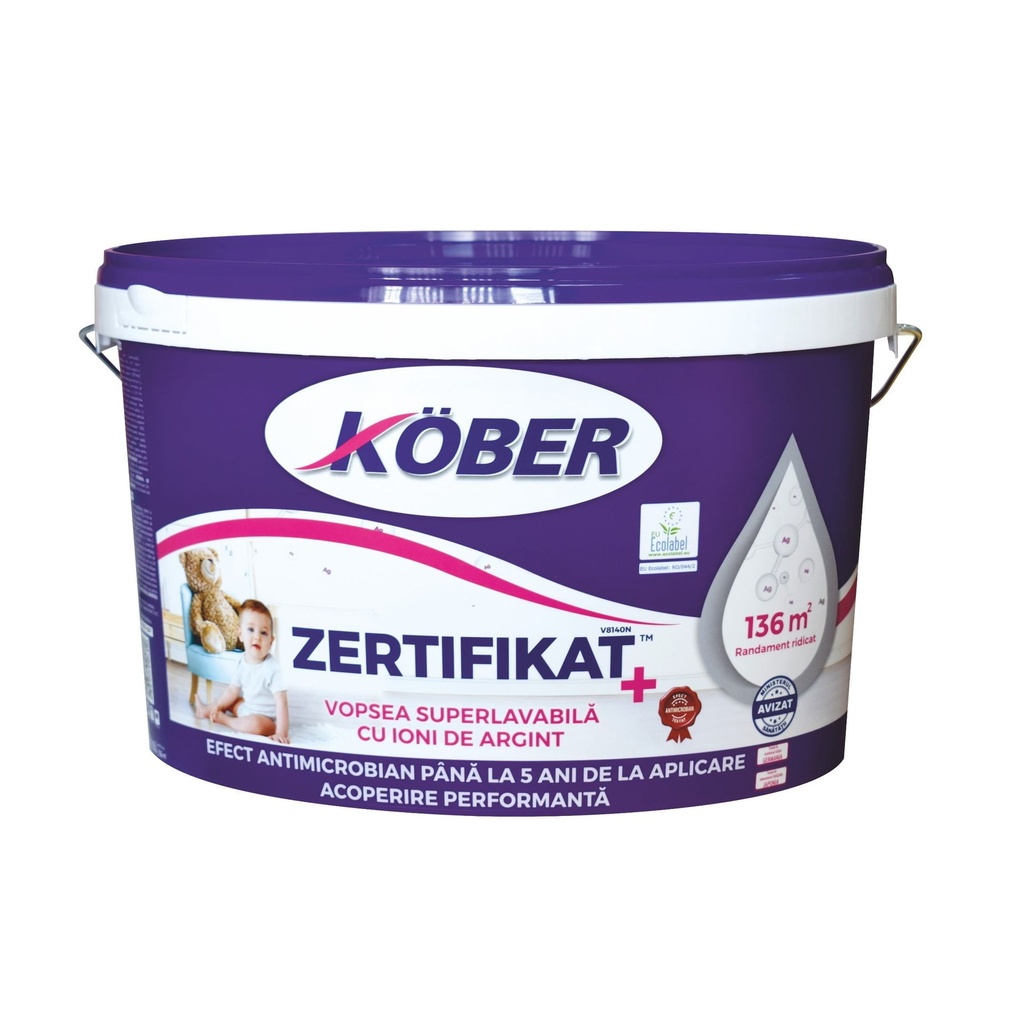 Vopsea lavabila interior, Zertifikat Plus, alba, 8.5l Kober