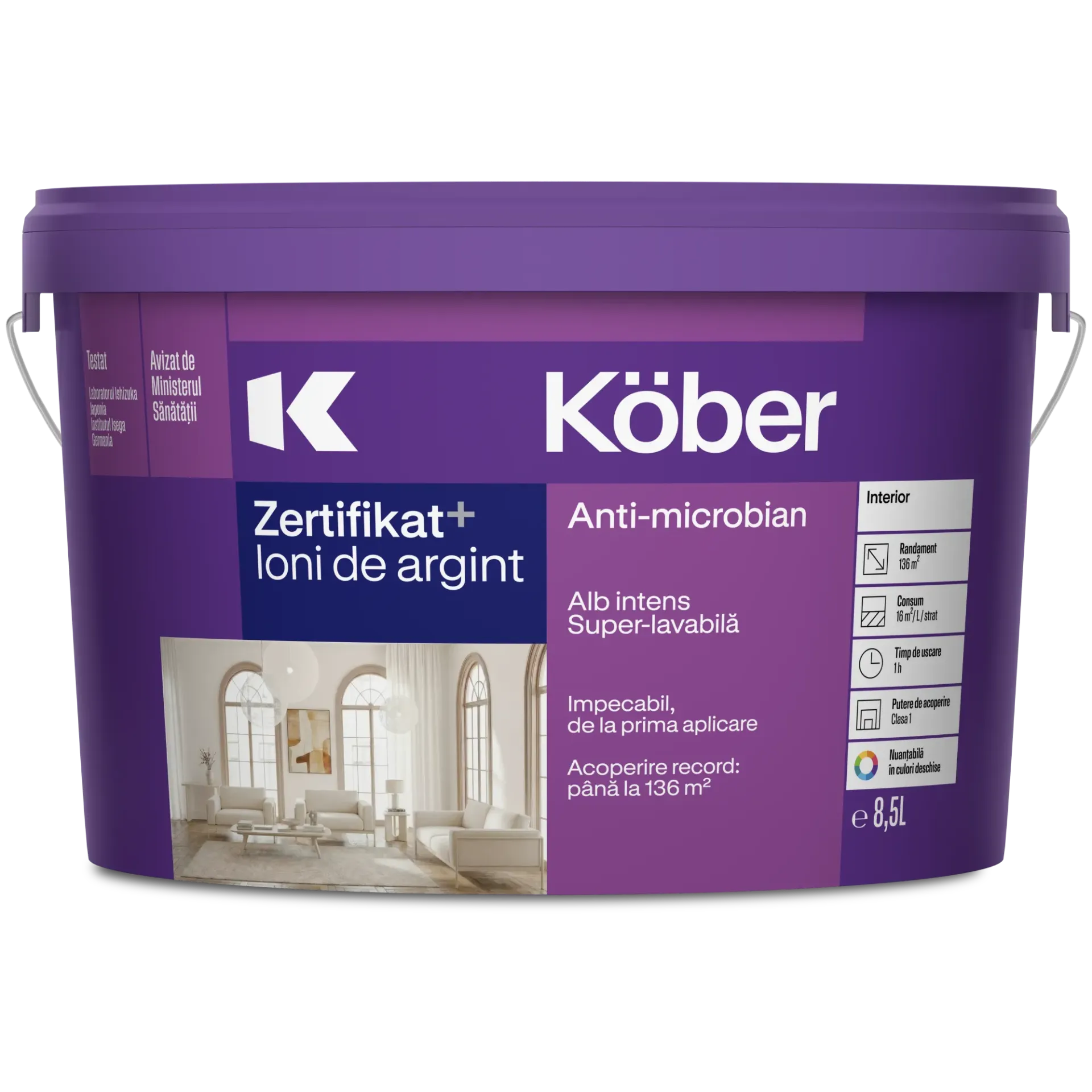 [v8140n-p8.5l] Vopsea lavabila interior, Zertifikat Plus, alba, 8.5l Kober