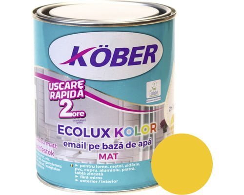 Vopsea pentru lemn / metal, Kober Ecolux Kolor, interior / exterior, pe baza de apa, mat, galben, 0.6 L