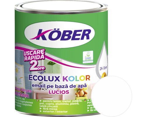 Vopsea pentru lemn / metal, Kober Ecolux Kolor, interior / exterior, pe baza de apa, lucios, alb, 0.6 L
