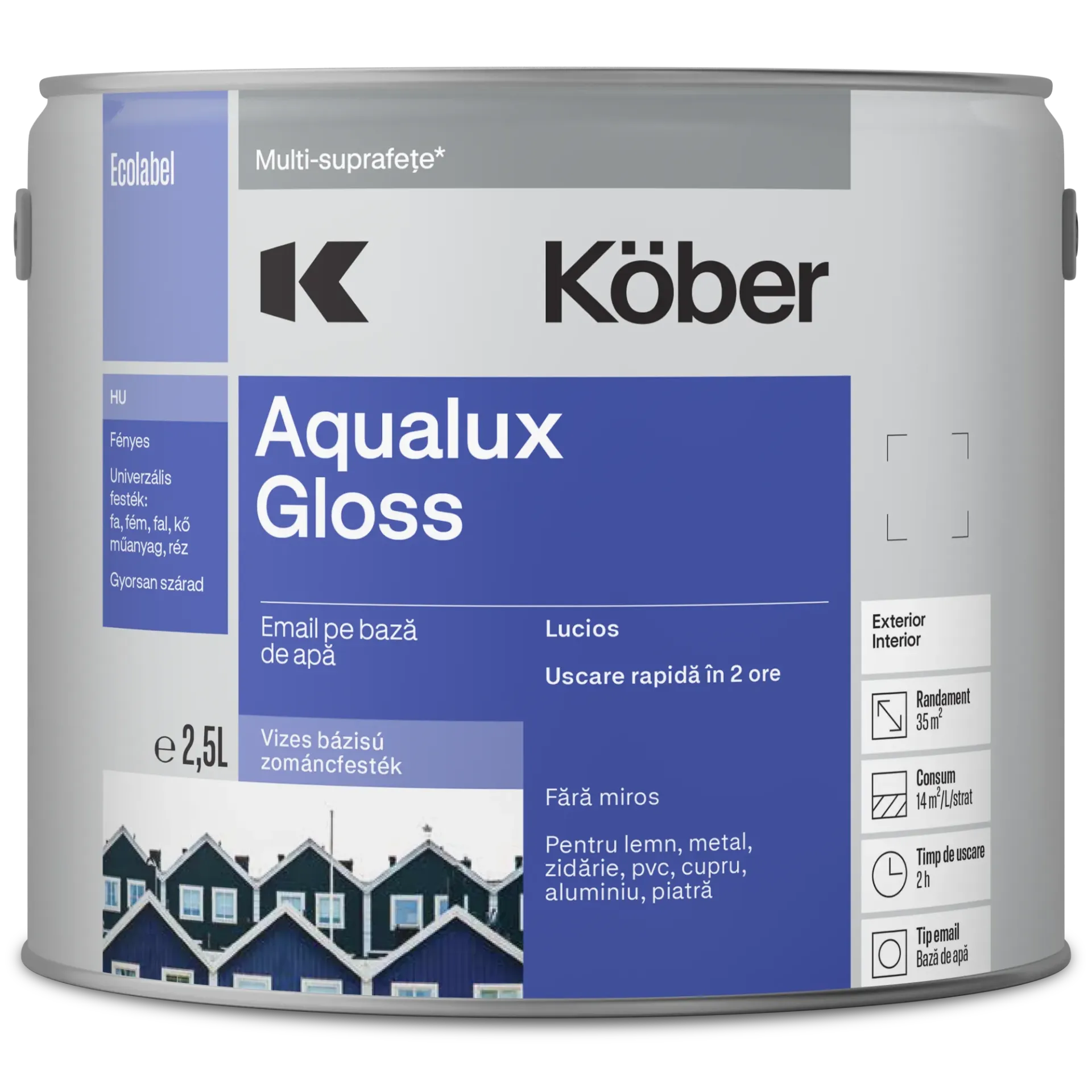 Vopsea pentru lemn/metal, Aqualux Kolor, interior/exterior, pe baza de apa, lucios, alb, 2.5l Kober