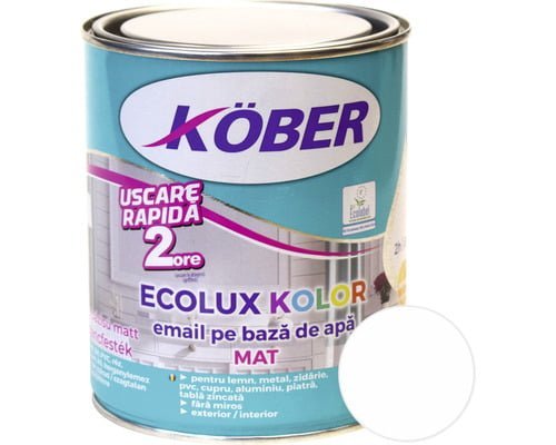 Vopsea pentru lemn / metal, Kober Ecolux Kolor, interior / exterior, pe baza de apa, mat, alb, 0.6 L