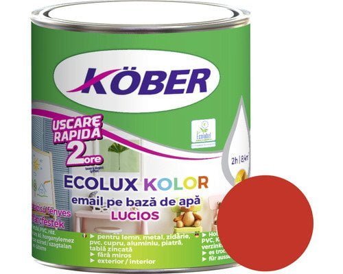 Vopsea pentru lemn/metal, Ecolux Kolor, interior/exterior, pe baza de apa, lucios, rosu, 0.6l Kober