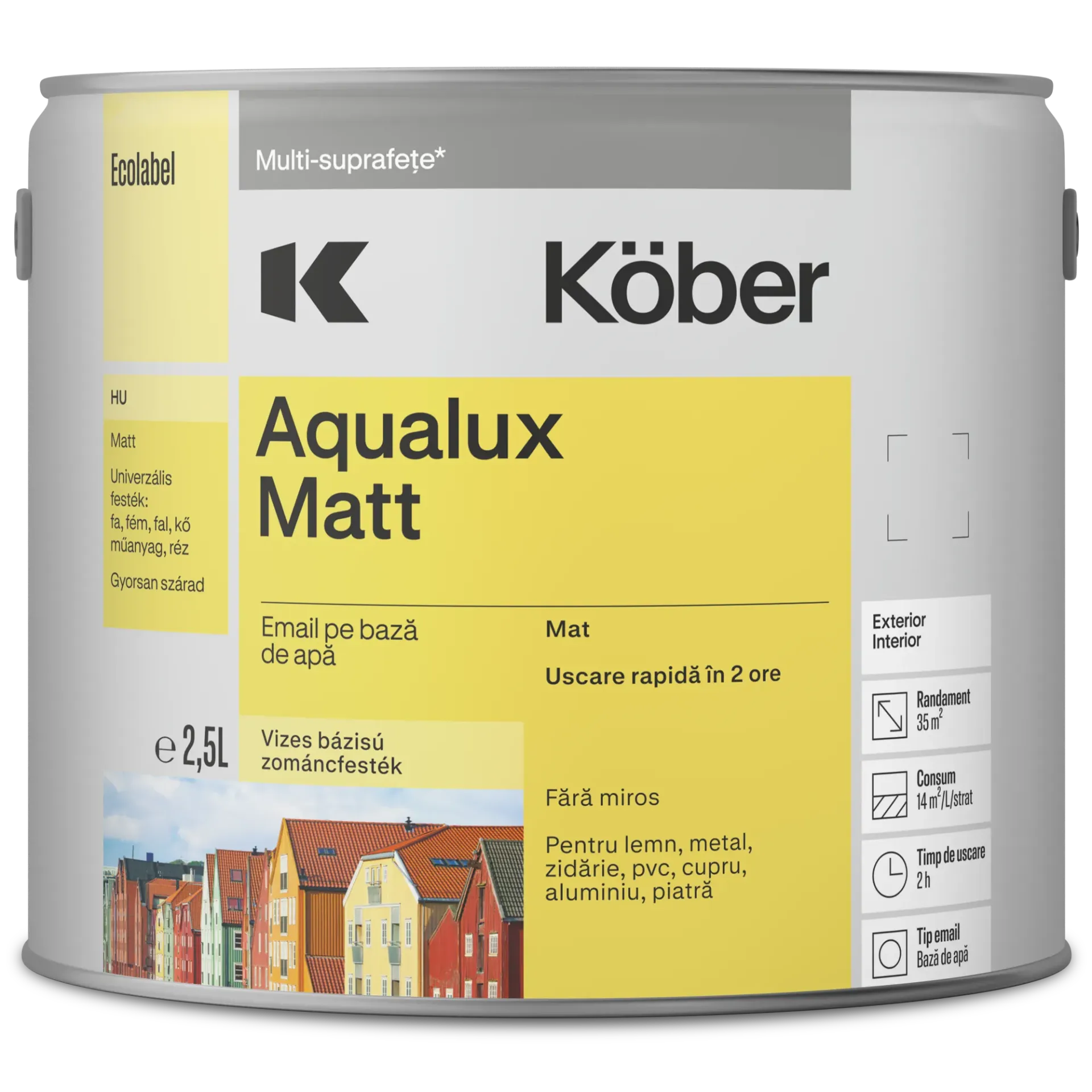 Vopsea pentru lemn/metal, Aqualux Kolor, interior/exterior, pe baza de apa, mat, bej, 2.5l Kober