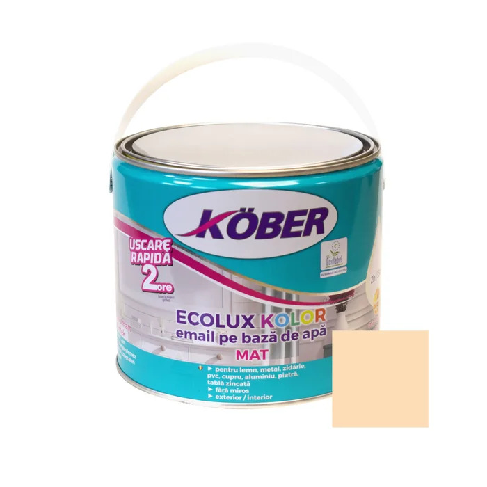Vopsea pentru lemn/metal, Ecolux Kolor, interior/exterior, pe baza de apa, mat, bej, 2.5l Kober