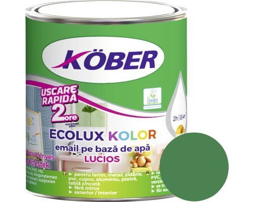 Vopsea pentru lemn/metal, Ecolux Kolor, interior/exterior, pe baza de apa, lucios, verde, 0.6l Kober