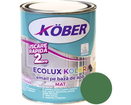Vopsea pentru lemn/metal, Ecolux Kolor, interior/exterior, pe baza de apa, mat, verde, 2.5l Kober