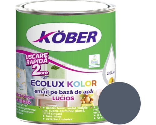 Vopsea pentru lemn / metal, Kober Ecolux Kolor, interior / exterior, pe baza de apa, lucios, gri antracit, 0.6 L