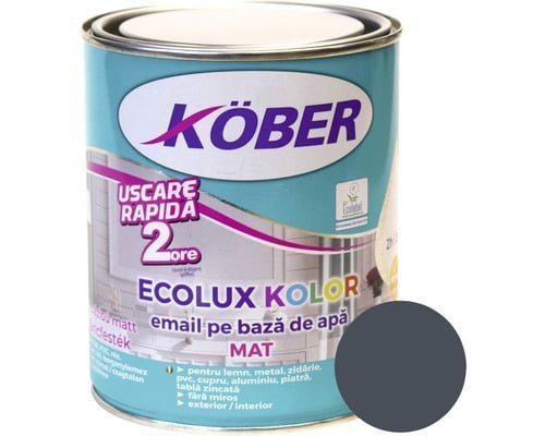 Vopsea pentru lemn / metal, Kober Ecolux Kolor, interior / exterior, pe baza de apa, mat, gri antracit, 0.6 L