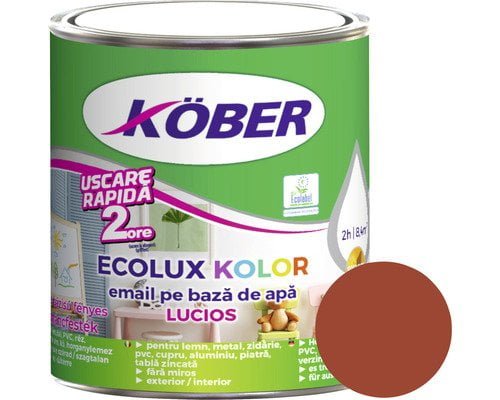 Vopsea pentru lemn/metal, Ecolux Kolor, interior/exterior, pe baza de apa, lucios, maro, 0.6l Kober