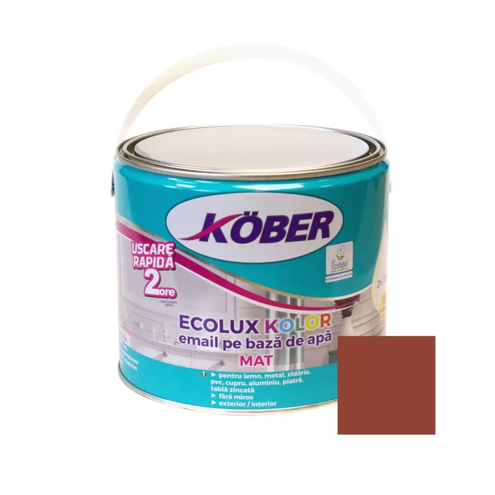 Vopsea pentru lemn/metal, Ecolux Kolor, interior/exterior, pe baza de apa, mat, maro roscat, 2.5l Kober