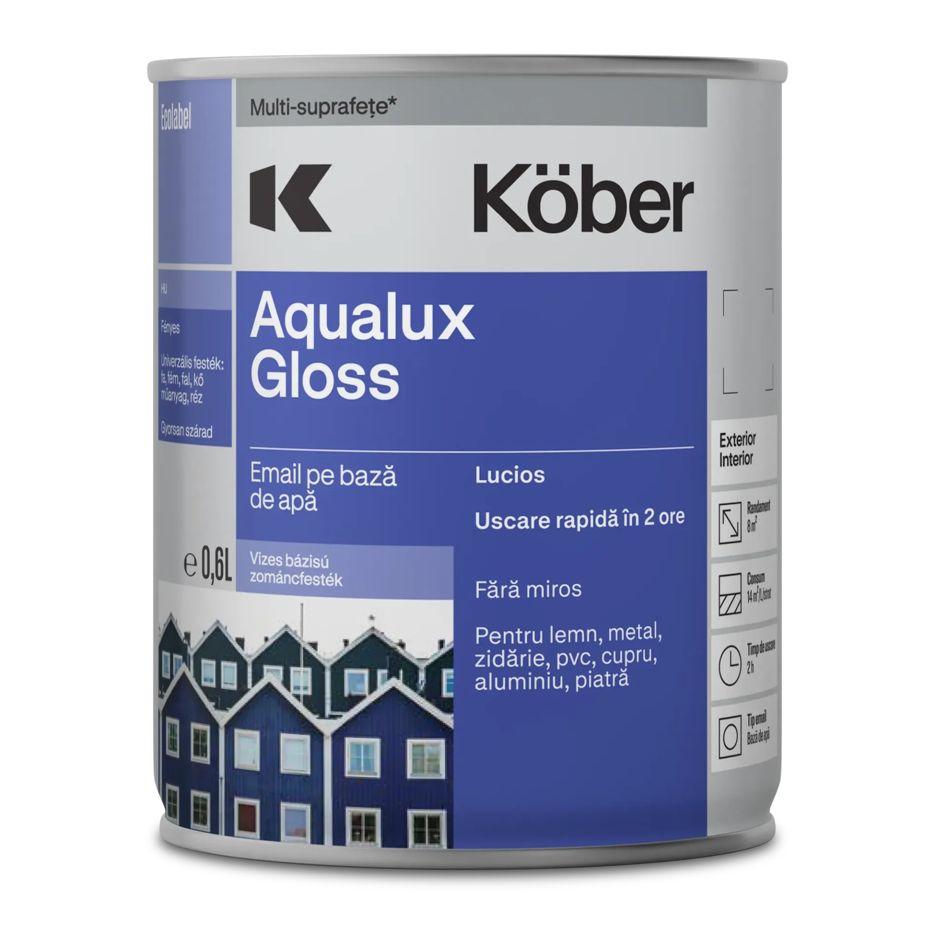 Vopsea pentru lemn/metal, Aqualux Kolor, interior/exterior, pe baza de apa, lucios, brun, 0.6l Kober