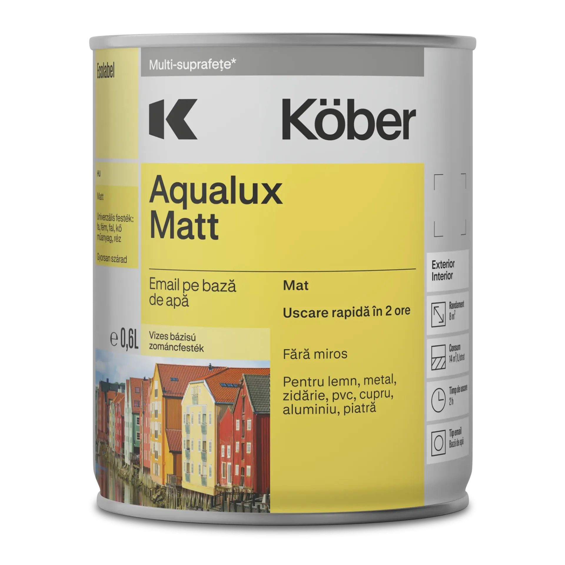Vopsea pentru lemn/metal, Aqualux Kolor, interior/exterior, pe baza de apa, mat, brun, 0.6l Kober