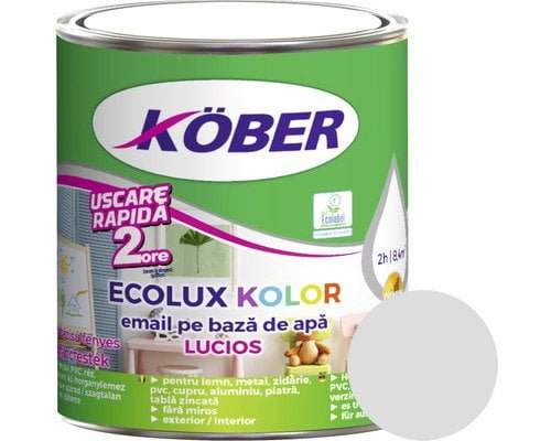Vopsea pentru lemn / metal, Kober Ecolux Kolor, interior / exterior, pe baza de apa, lucios, gri, 0.6 L
