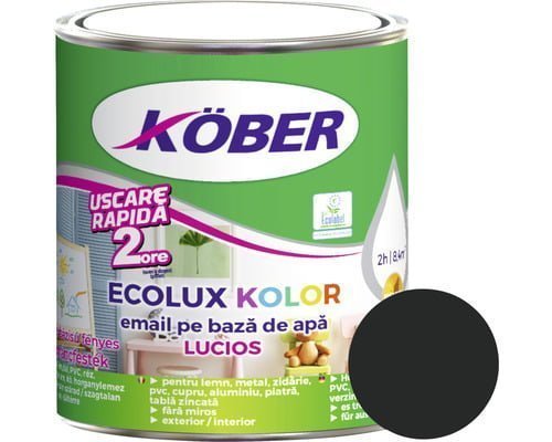 Vopsea pentru lemn / metal, Kober Ecolux Kolor, interior / exterior, pe baza de apa, lucios, negru, 0.6 L