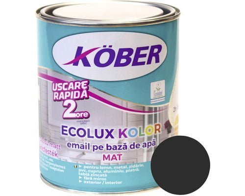 Vopsea pentru lemn / metal, Kober Ecolux Kolor, interior / exterior, pe baza de apa, mat, negru, 0.6 L