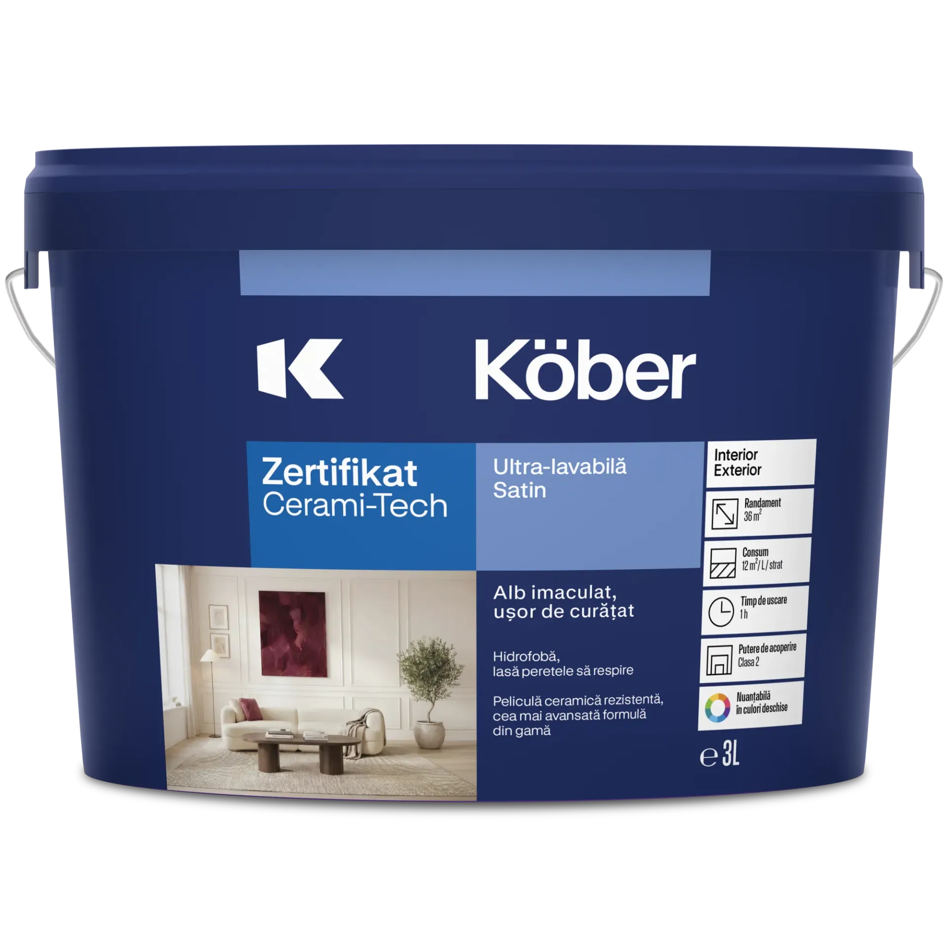 [v8400-p3l] Vopsea ultralavabila Zertifikat cu microsfere ceramice, satin, alba, interior/exterior, 3l Kober