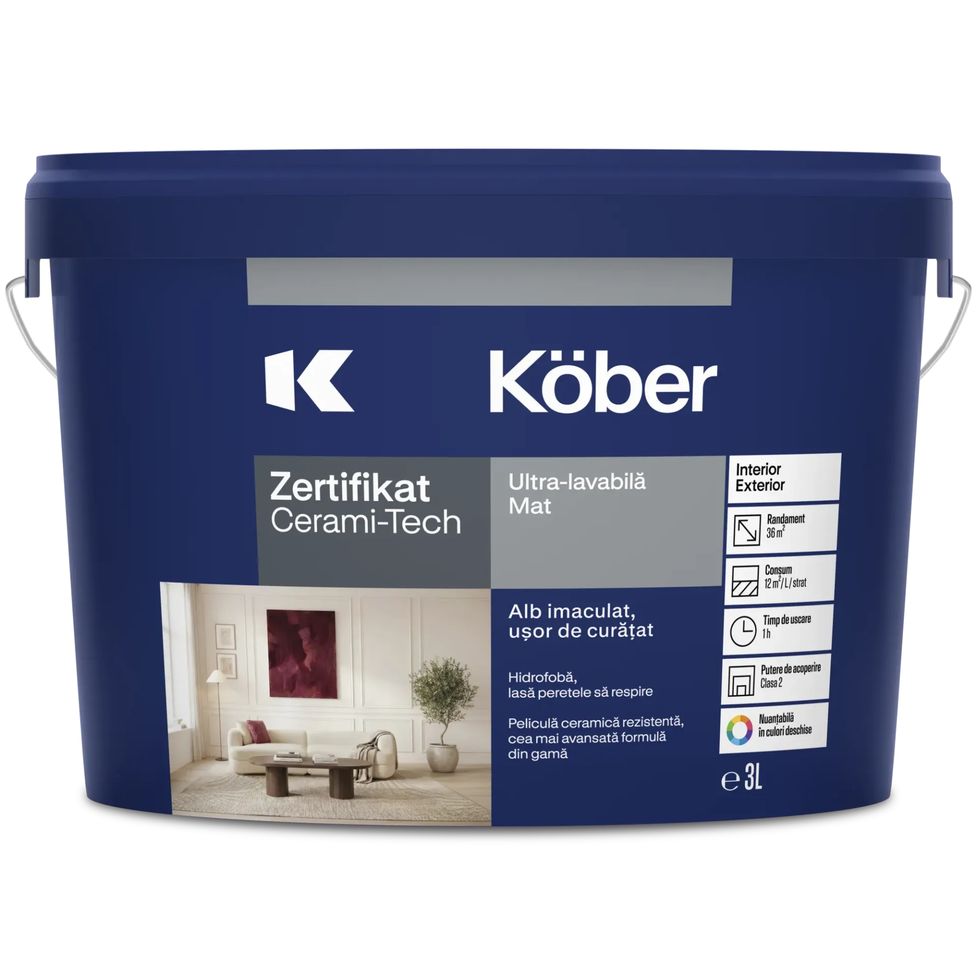 [v8410-p3l] Vopsea ultralavabila Zertifikat cu microsfere ceramice, mat, alba, interior/exterior, 3l Kober