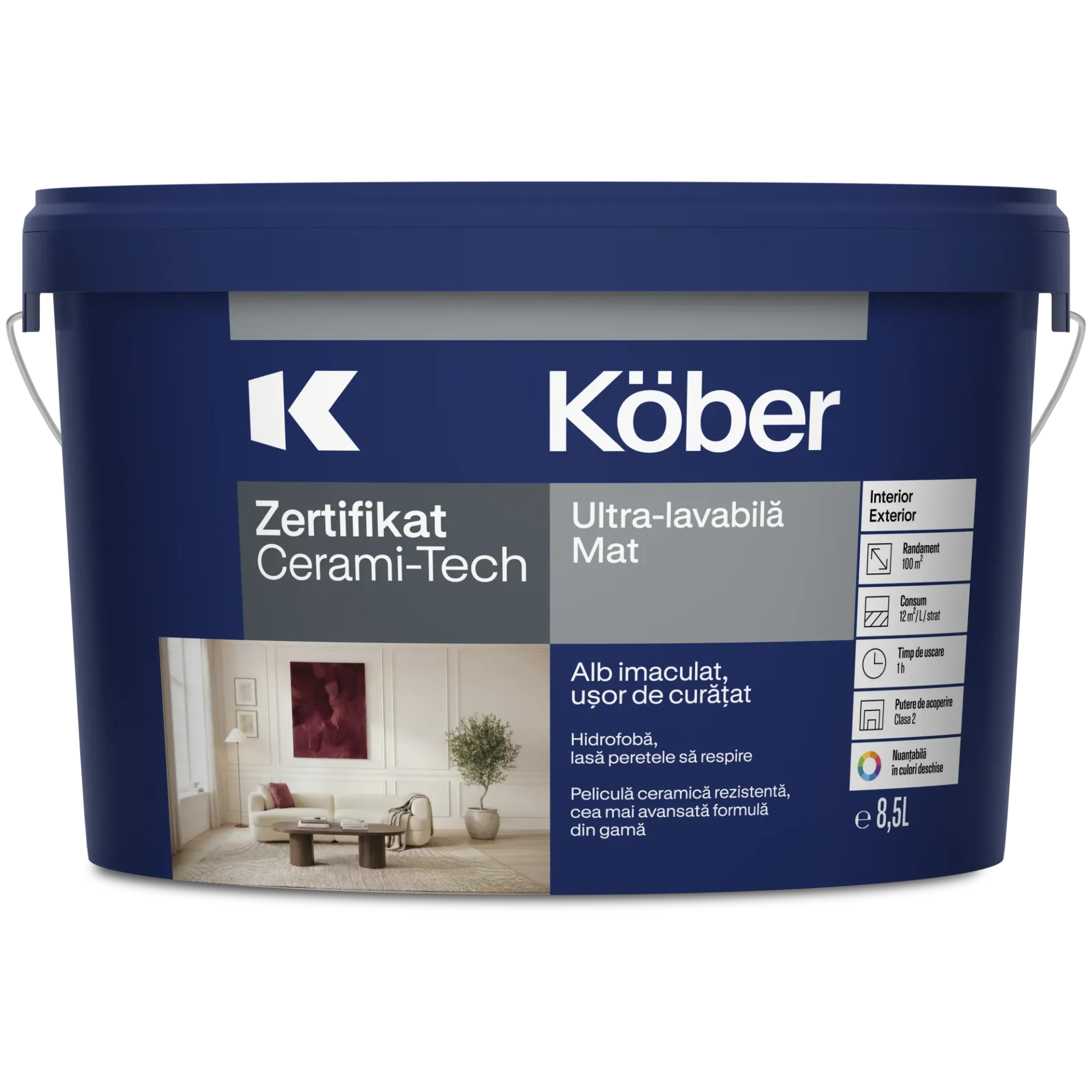 [v8410-p8.5l] Vopsea ultralavabila Zertifikat cu microsfere ceramice, mat, alba, interior/exterior, 8.5l Kober