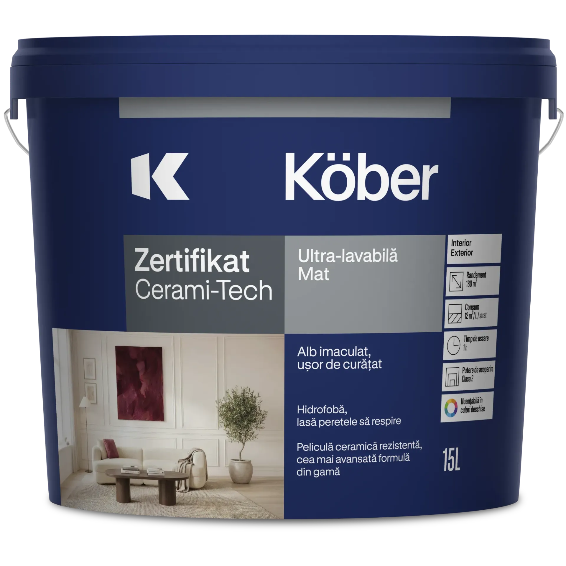 [v8410pp1-p15l] Vopsea ultralavabila Zertifikat cu microsfere ceramice, mat, alba, interior/exterior, 15l Kober