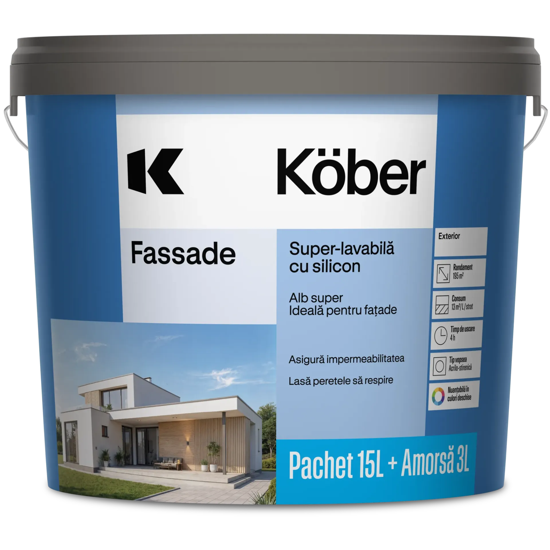 [v8910a-p15l] Vopsea superlavabila exterior Fassade, alba, 15l + amorsa Kober 3l, Kober