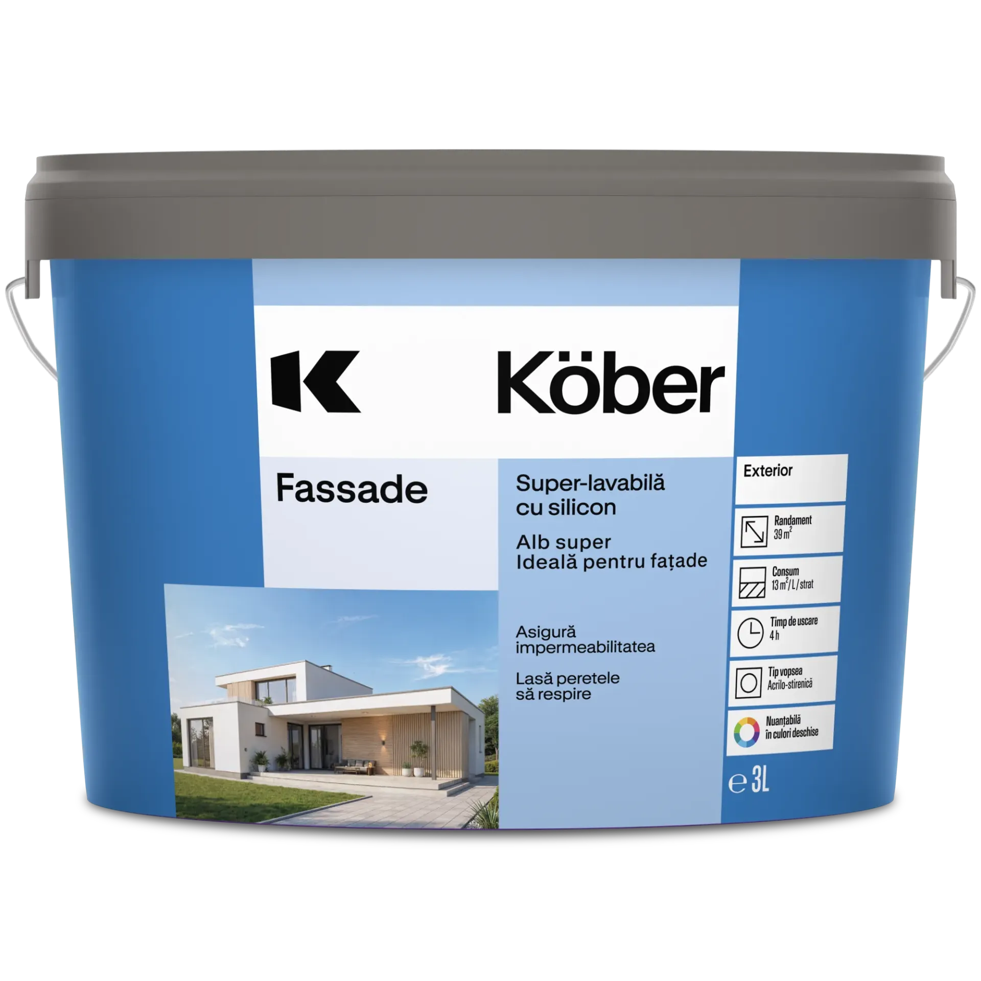 [v8910-p3l] Vopsea lavabila exterior, Fassade, alba, 3l Kober