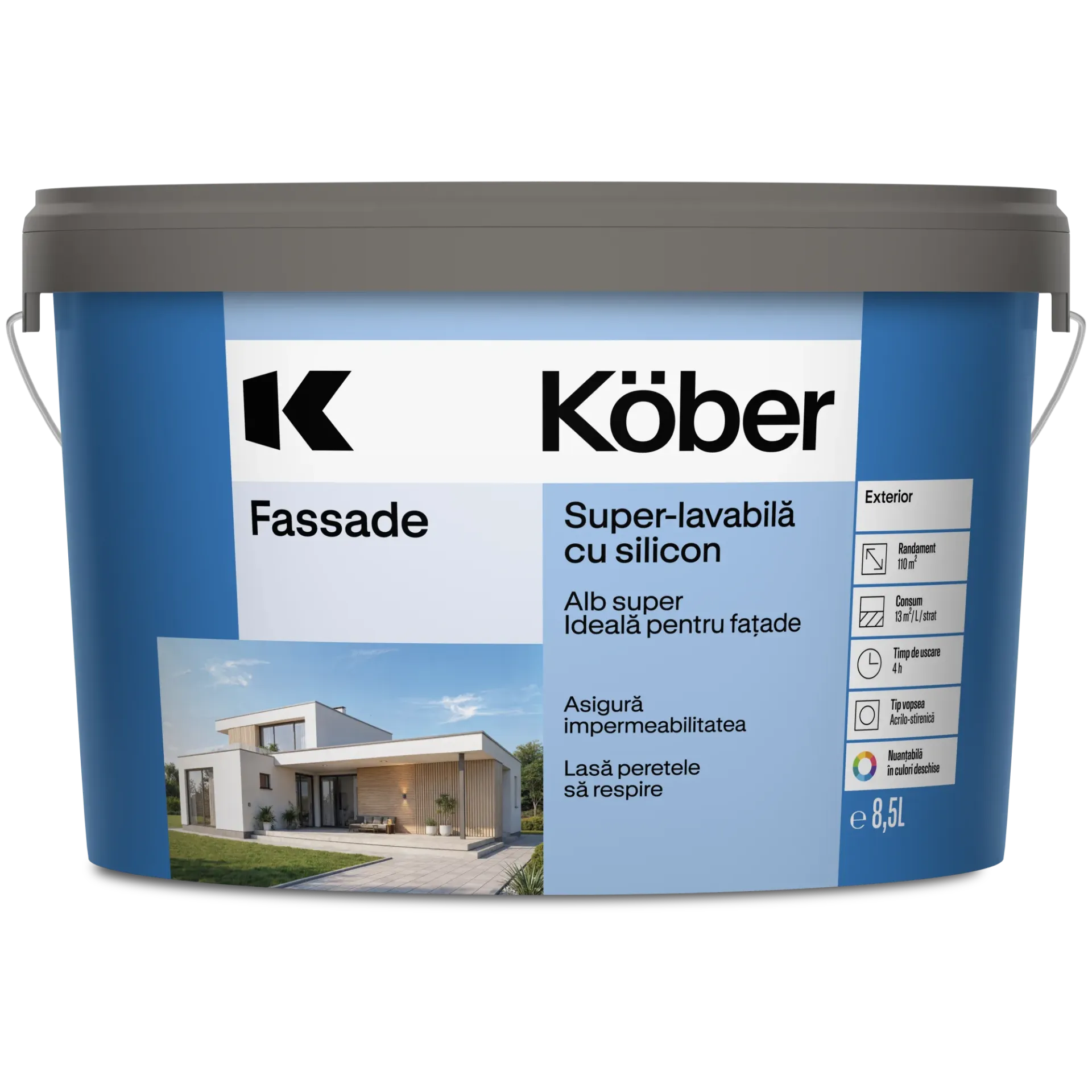 [v8910-p8.5l] Vopsea lavabila exterior, Fassade, alba, 8.5l Kober