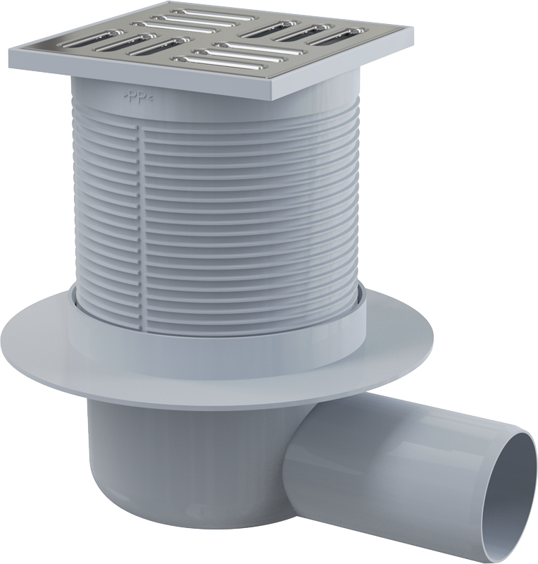 Sifon pardoseală 105×105/50 mm ieşire laterală, grătar din oţel inoxidabil, sistem de reţinere a mirosurilor umed Alca Plast
