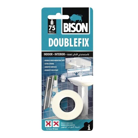 Bandă dublu adezivă pentru interior Double Fix, 1,5m x 19mm Bison