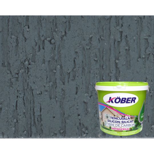 Tencuiala decorativa cu fibra carbon Kober Profesional, 1.5 mm, structurata, aspect scoarta de copac, antracit, interior / exterior, 25 kg