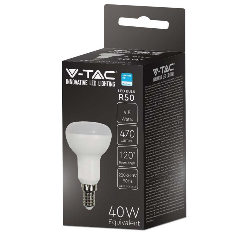 Bec led R50 E14 4.8W 3000K alb cald, CIP Samsung V-tac