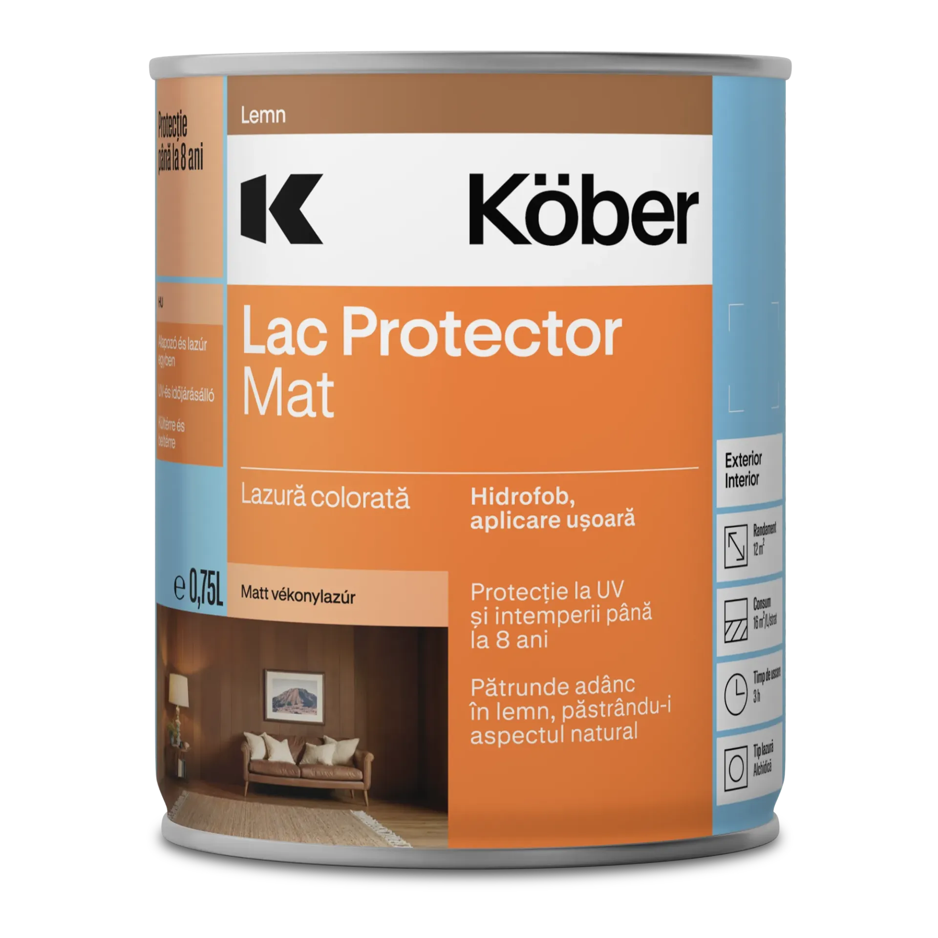 Lac pentru lemn, semimat, interior/exterior, stejar gri, 0.75l Kober